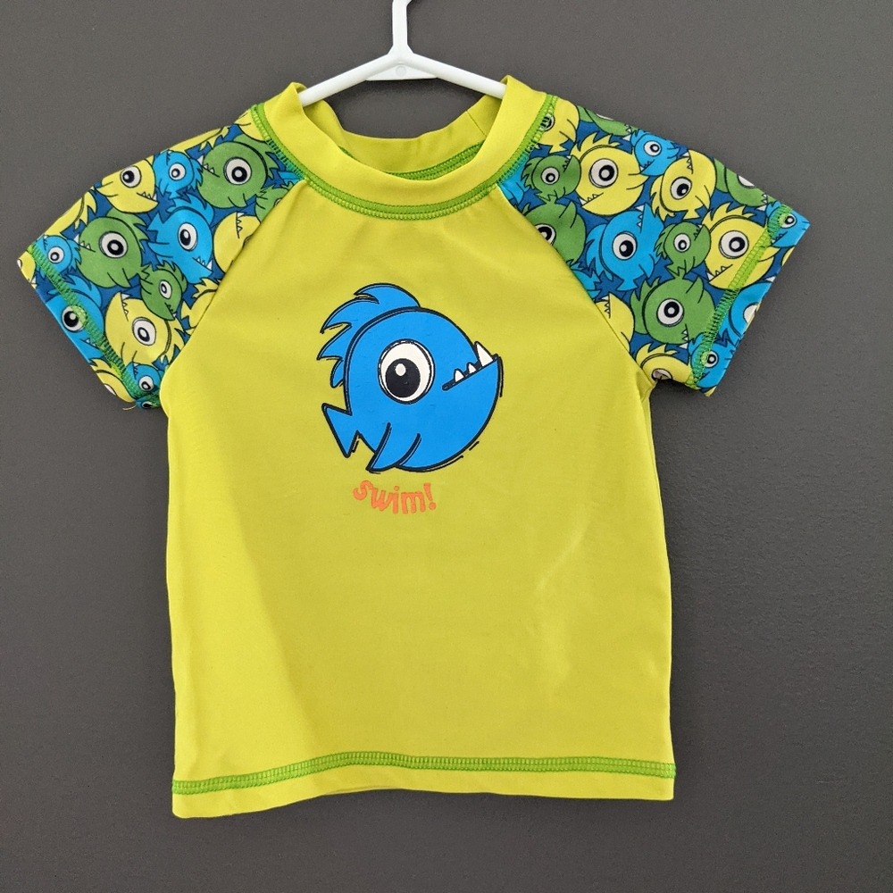 Neon yellow fish print rashguard swimsuit top